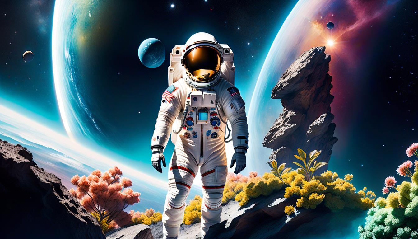  hyperrealistic art (watercolor painting, digital art:1.2), astronaut in full gear, standing confidently on top of a rock on a mini world, inspired by Cyril Rolando's style, winner of the Pexels contest, space art, tilt shift perspective, photo realistic rendering, lush garden spaceship in the background, intricate details on the foliage, vibrant colors contrasting with the vastness of space, vertical wallpaper composition, dreamy atmosphere, otherworldly setting, unique and imaginative concept, dynamic angle, rich textures highlighting the astronaut's suit, helmet reflecting the cosmos. . extremely high resolution details, photographic, realism pushed to extreme, fine texture, incredibly lifelike hyperrealistic, full body, detailed clothing, highly detailed, cinematic lighting, stunningly beautiful, intricate, sharp focus, f/1. 8, 85mm, (centered image composition), (professionally color graded), ((bright soft diffused light)), volumetric fog, trending on instagram, trending on tumblr, HDR 4K, 8K