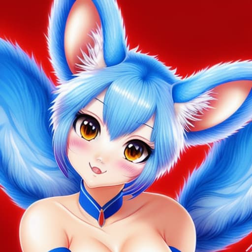  A nine tailed kitsune with blue fur looking at you with bedroom eyes, wearing red silk, with a smile.