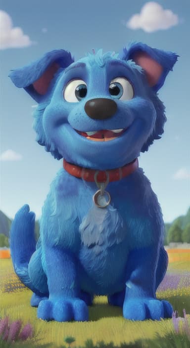  {A happy, big blue dog wagging its tail in a colorful meadow, The big blue dog is large with sky blue fur, big round eyes, a black nose, and floppy ears.