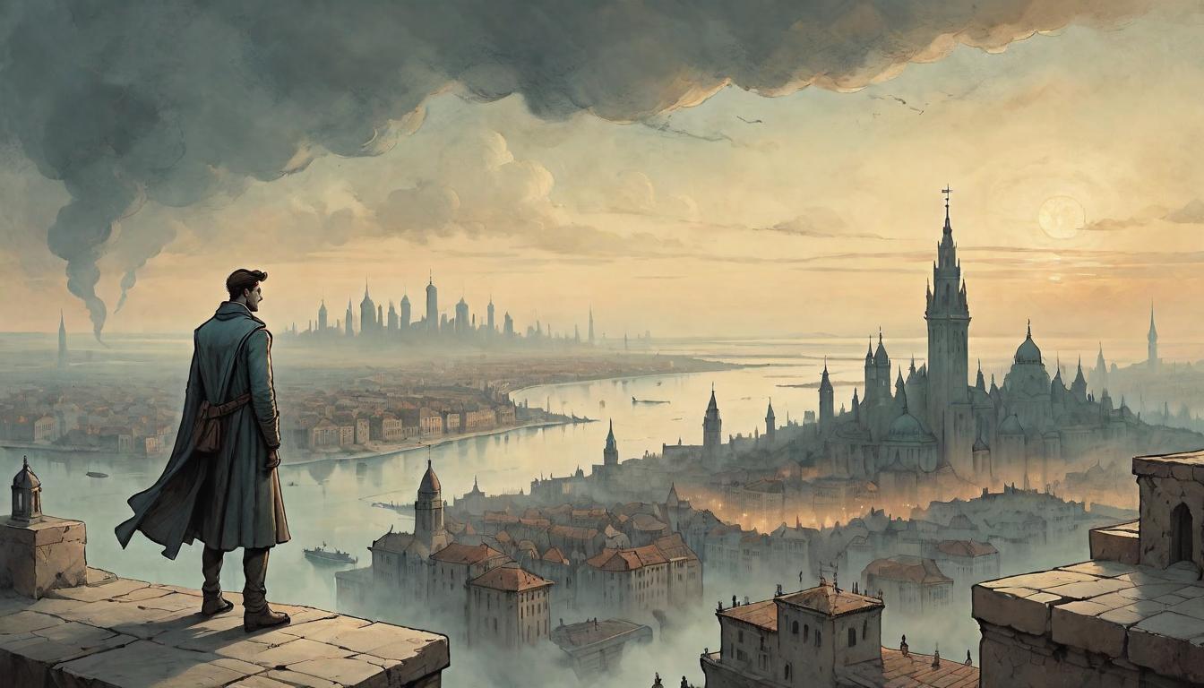  on parchment, surrealism+++, A person standing at the edge of a cityscape, looking towards a distant horizon, city behind them in muted colors, horizon glowing with potential, hesitant, contemplative, transformative(mysterious, provocative, symbolic,muted color)+++