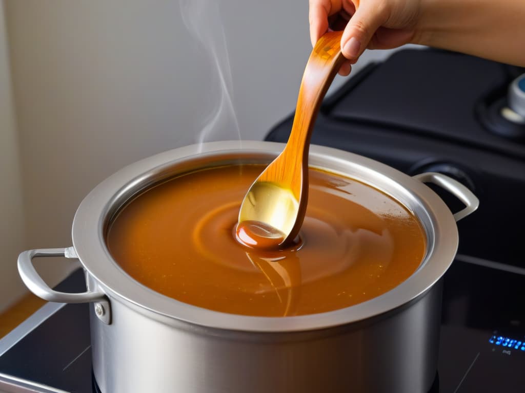  A closeup, photorealistic image of a shiny silver pressure cooker filled with bubbling caramel, with a wooden spoon stirring the mixture. The steam rising from the pot catches the light, creating a mesmerizing play of shadows and highlights on the caramel's surface. The rich, golden color of the caramel contrasts beautifully with the sleek metallic surface of the pressure cooker, evoking a sense of warmth and nostalgia for traditional sweet treats cooked with modern convenience. hyperrealistic, full body, detailed clothing, highly detailed, cinematic lighting, stunningly beautiful, intricate, sharp focus, f/1. 8, 85mm, (centered image composition), (professionally color graded), ((bright soft diffused light)), volumetric fog, trending on instagram, trending on tumblr, HDR 4K, 8K