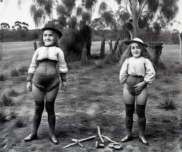  niña de 10 años sonriendo y en calzones con su amiga en el campo haciendo sus travesuras,mostrando sus traseros de Australia del año 1890s