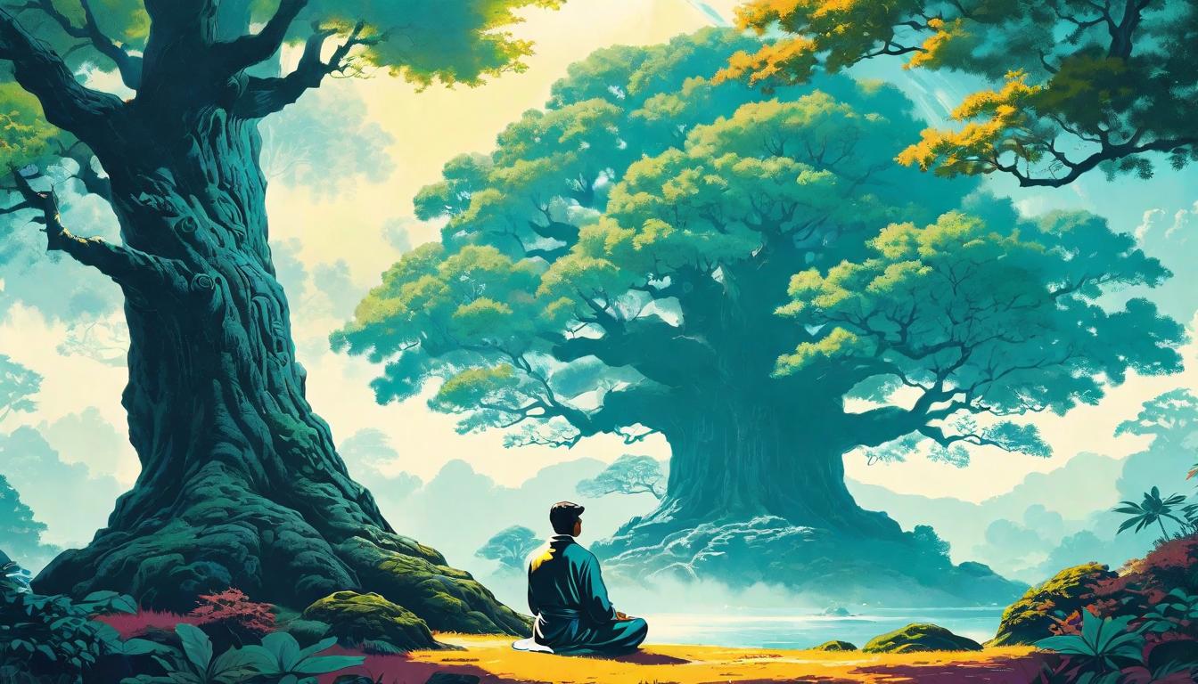  retro futuristic A person meditating under a great, ancient tree, serene and focused, Inner peace, spiritual growth over material gain. lvintage sci fi, 50s and 60s style, atomic age, vibrant, highly detailed