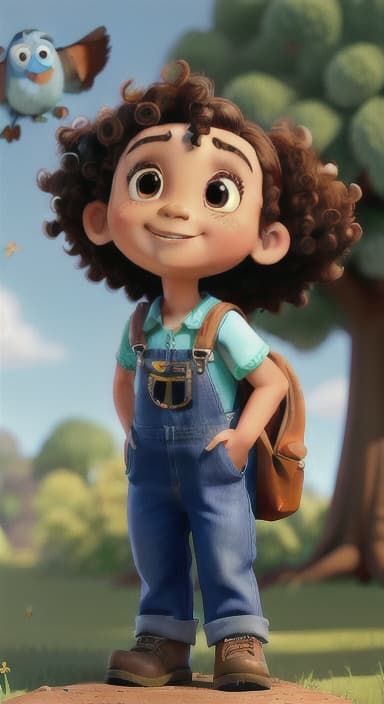  {Riley looking up at the tree with a big smile, animals surrounding them., Riley, a curious with big brown eyes and curly hair, wearing overalls and carrying a small backpack. Their friend, Skye, a bluebird with shiny feathers.