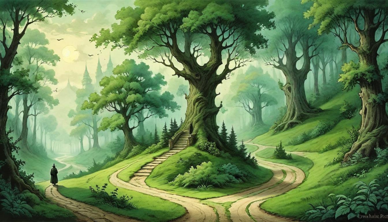  on parchment, surrealism+++, Winding road leading to a distant, secluded retreat amidst towering trees, choice of solitude embodied, path less traveled, anticipatory solitude, journey's solitude, enveloping greenery, whispering winds, serene isolation(mysterious, provocative, symbolic,muted color)+++