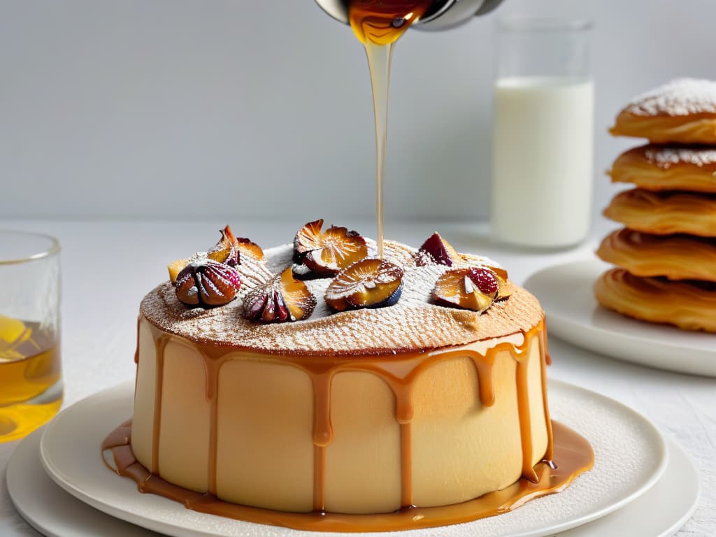  A closeup, ultradetailed image of a glossy, golden yacón root syrup being drizzled delicately over a stack of freshly baked goldenbrown pastries on a sleek, modern white plate. The syrup cascades down the sides of the pastries, catching the light and creating a mesmerizing shimmer. The pastries are perfectly arranged, each one topped with a sprinkle of finely chopped nuts, with a subtle steam rising from their warm, flaky layers. The background is blurred, focusing all attention on the luxurious texture and rich color of the syrup as it enhances the visual appeal of the delectable pastries. hyperrealistic, full body, detailed clothing, highly detailed, cinematic lighting, stunningly beautiful, intricate, sharp focus, f/1. 8, 85mm, (centered image composition), (professionally color graded), ((bright soft diffused light)), volumetric fog, trending on instagram, trending on tumblr, HDR 4K, 8K