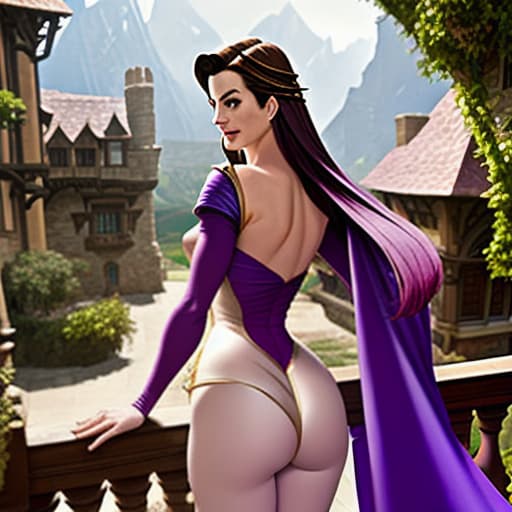  Anne Hathaway as a Fantasy Disney-like in bodytight costume,skinny purple short showing from behind while over balcony of her palace in Middle Earth kingdom