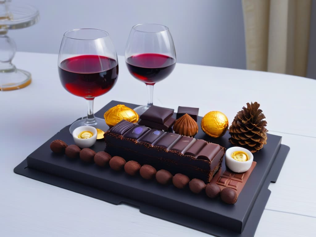  An ultradetailed image of a sleek, modern wine glass filled with rich, dark red wine, placed next to a decadent assortment of artisanal chocolates in various shapes and flavors. The chocolates are elegantly displayed on a minimalist, chic platter, creating a visually stunning and mouthwatering scene that perfectly captures the essence of celestial pairings between chocolates and wines. hyperrealistic, full body, detailed clothing, highly detailed, cinematic lighting, stunningly beautiful, intricate, sharp focus, f/1. 8, 85mm, (centered image composition), (professionally color graded), ((bright soft diffused light)), volumetric fog, trending on instagram, trending on tumblr, HDR 4K, 8K