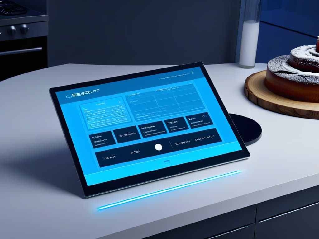  A minimalist image showcasing a sleek, futuristic kitchen counter with a hightech tablet displaying a sophisticated dessert design software. The software interface is modern and intuitive, featuring intricate dessert blueprints and vibrant color palettes. The setting exudes a professional and inspirational atmosphere, with soft overhead lighting casting a gentle glow on the pristine countertop. The overall aesthetic is clean, contemporary, and visually captivating, perfectly encapsulating the fusion of culinary artistry and digital innovation in the realm of pastry design. hyperrealistic, full body, detailed clothing, highly detailed, cinematic lighting, stunningly beautiful, intricate, sharp focus, f/1. 8, 85mm, (centered image composition), (professionally color graded), ((bright soft diffused light)), volumetric fog, trending on instagram, trending on tumblr, HDR 4K, 8K