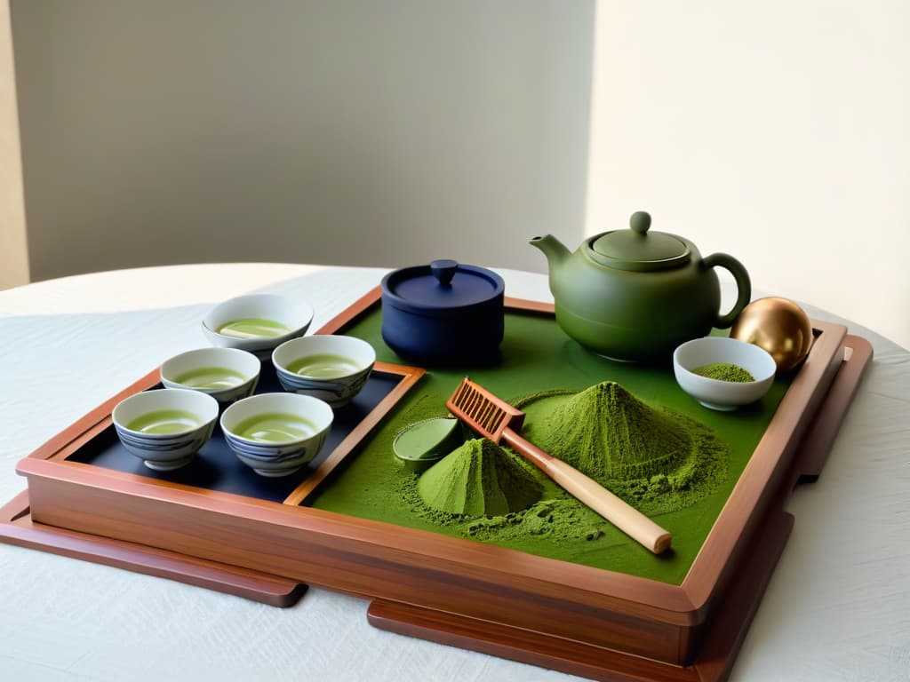  A serene and elegant image of a traditional Japanese tea ceremony set, featuring a delicate porcelain teapot, matching teacups, a bamboo whisk, and a bowl of vibrant matcha powder, all arranged meticulously on a simple wooden tray. The soft natural light filtering through a nearby window highlights the intricate details of the utensils, emphasizing the artistry and precision synonymous with Japanese culinary traditions. hyperrealistic, full body, detailed clothing, highly detailed, cinematic lighting, stunningly beautiful, intricate, sharp focus, f/1. 8, 85mm, (centered image composition), (professionally color graded), ((bright soft diffused light)), volumetric fog, trending on instagram, trending on tumblr, HDR 4K, 8K