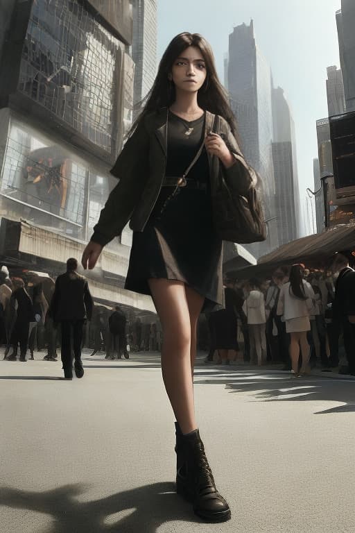  A girl walking confidently through the bustling downtown streets, surrounded by towering skyscrapers and the hustle and bustle of city life. With a determined expression on her face, she ignores the distractions of the crowd and heads towards an important appointment.

According to the artists' style chosen, the piece will be rendered in muted, earthy tones with delicate textures. The composition will be carefully crafted to emphasize the girl's sense of purpose and focus, with the cityscape providing a dynamic backdrop of light and shadow. The colors will be carefully selected to enhance the mood, and the medium, quality, and computer graphics will be chosen to achieve the desired level of detail and realism. So, a striking piece of art 