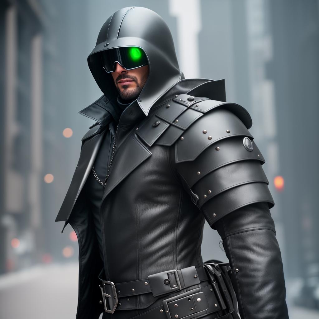  A man wearing a black leather trench coat, and a metal helmet covering his entire face, with the eyes glowing blue. Has metal gauntlets and a metal armored chest plate. Black pants. Has a chain with a blade at the end of it. , (high detailed skin:1.2), 8k uhd, dslr, soft lighting, high quality, film grain, Fujifilm XT3 hyperrealistic, full body, detailed clothing, highly detailed, cinematic lighting, stunningly beautiful, intricate, sharp focus, f/1. 8, 85mm, (centered image composition), (professionally color graded), ((bright soft diffused light)), volumetric fog, trending on instagram, trending on tumblr, HDR 4K, 8K