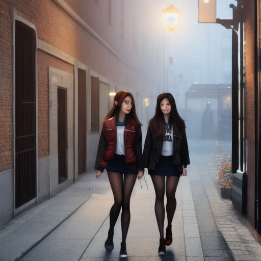  Two female students on campus, hyperrealistic, full body, detailed clothing, highly detailed, cinematic lighting, stunningly beautiful, intricate, sharp focus, f/1. 8, 85mm, (centered image composition), (professionally color graded), ((bright soft diffused light)), volumetric fog, trending on instagram, trending on tumblr, HDR 4K, 8K