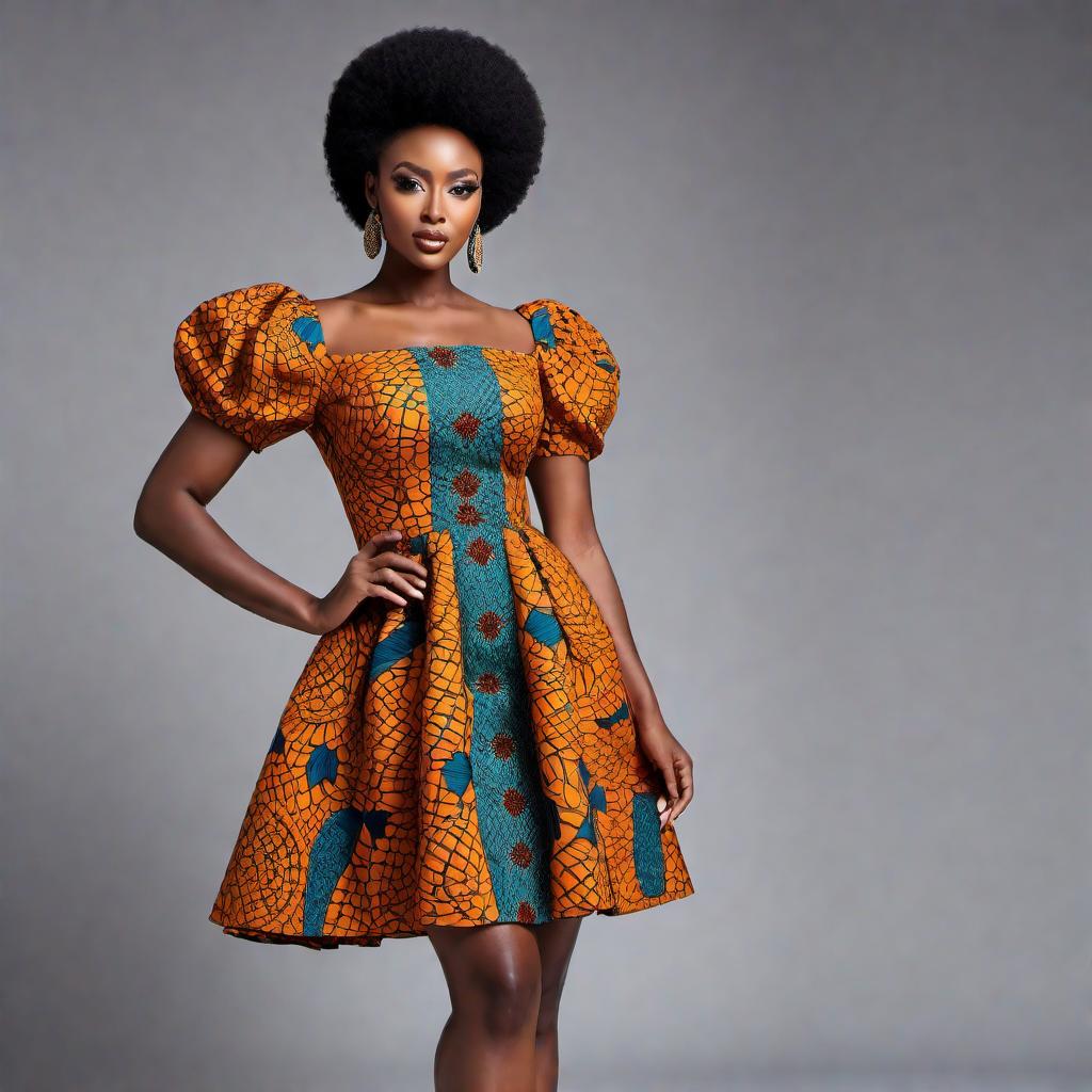  A short Ankara gown with puff sleeves. The gown is vibrant with traditional African prints, featuring a mix of bold colors and intricate patterns. The sleeves are stylishly puffed, adding a touch of uniqueness and elegance. The gown is knee-length, fitted at the waist, and flows slightly downwards, creating a flattering silhouette. hyperrealistic, full body, detailed clothing, highly detailed, cinematic lighting, stunningly beautiful, intricate, sharp focus, f/1. 8, 85mm, (centered image composition), (professionally color graded), ((bright soft diffused light)), volumetric fog, trending on instagram, trending on tumblr, HDR 4K, 8K