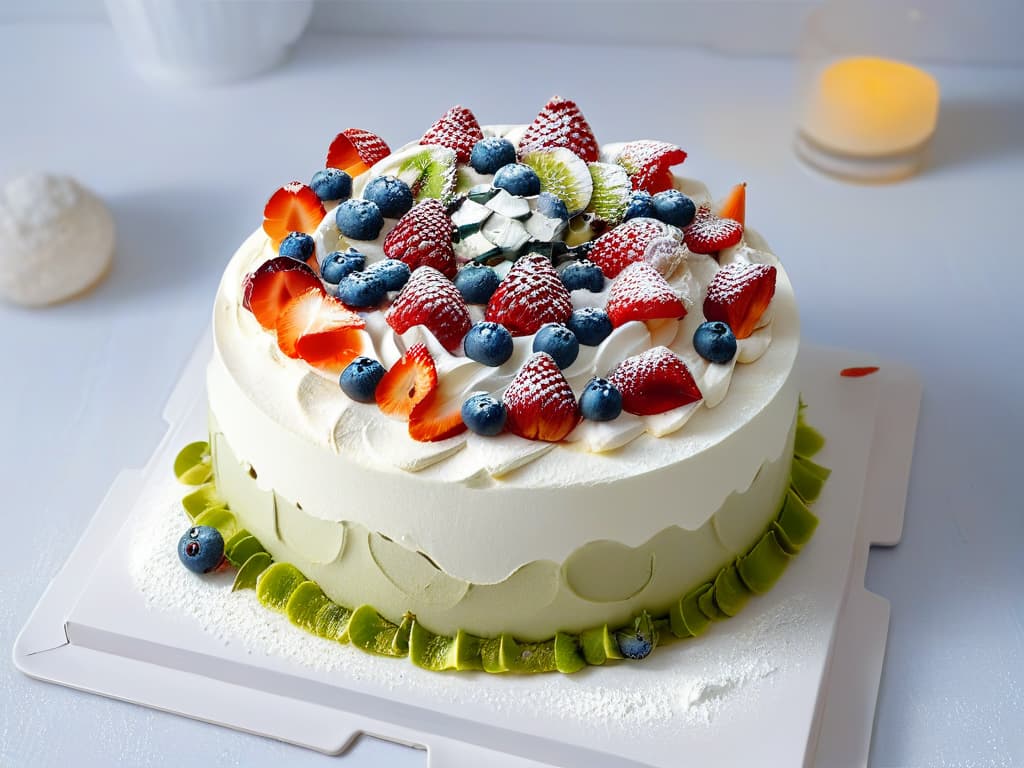  A minimalist, ultradetailed 8k image of a pristine white dessert plate with a perfectly crafted Pavlova at its center. The Pavlova is immaculately decorated with a vibrant array of fresh red berries, kiwi slices, and a light dusting of powdered sugar, all set against a clean, elegant backdrop. The meringue shell is delicate and perfectly crisp, with a glossy sheen that reflects the soft ambient lighting, creating a visually stunning and mouthwatering focal point. hyperrealistic, full body, detailed clothing, highly detailed, cinematic lighting, stunningly beautiful, intricate, sharp focus, f/1. 8, 85mm, (centered image composition), (professionally color graded), ((bright soft diffused light)), volumetric fog, trending on instagram, trending on tumblr, HDR 4K, 8K