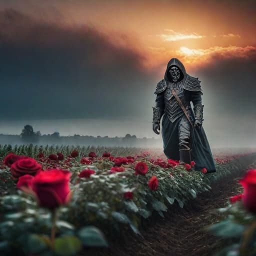  flower in a field of roses with monsters hyperrealistic, full body, detailed clothing, highly detailed, cinematic lighting, stunningly beautiful, intricate, sharp focus, f/1. 8, 85mm, (centered image composition), (professionally color graded), ((bright soft diffused light)), volumetric fog, trending on instagram, trending on tumblr, HDR 4K, 8K