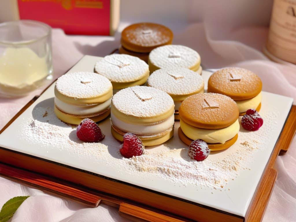  A highresolution, minimalist image of an assortment of colorful and intricately designed alfajores neatly arranged on a rustic wooden platter. The alfajores are delicately dusted with powdered sugar and garnished with fresh raspberries and mint leaves, creating a visually stunning and mouthwatering display. The soft, goldenbrown cookies sandwich a generous layer of dulce de leche, with each alfajor exuding a sense of elegance and indulgence. The background is softly blurred to ensure the focus remains on the exquisite details of the alfajores, making the image ideal for conveying the essence of gourmet dessert experiences in Buenos Aires. hyperrealistic, full body, detailed clothing, highly detailed, cinematic lighting, stunningly beautiful, intricate, sharp focus, f/1. 8, 85mm, (centered image composition), (professionally color graded), ((bright soft diffused light)), volumetric fog, trending on instagram, trending on tumblr, HDR 4K, 8K