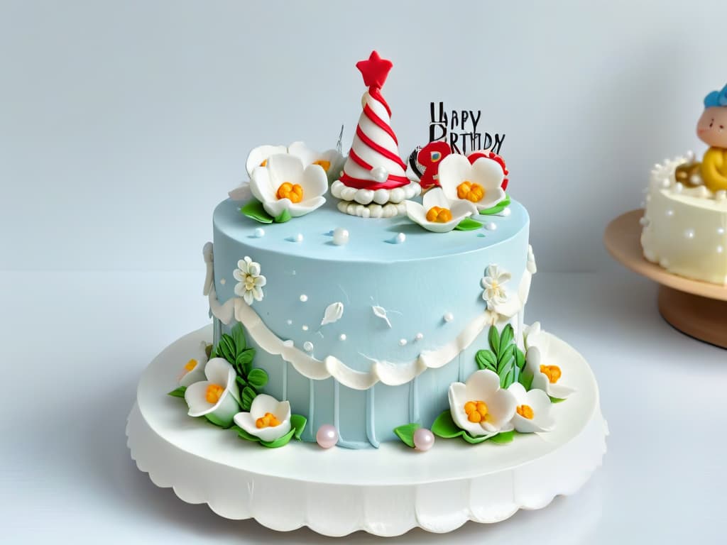  An ultradetailed closeup image of a beautifully decorated children's birthday cake with intricate fondant details in pastel colors, featuring miniature edible figurines of popular cartoon characters, delicate sugar flowers, and shimmering edible pearls cascading down the sides. The cake is displayed on a sleek white cake stand against a soft blurred background, emphasizing the precision and artistry of modern cake decoration trends. hyperrealistic, full body, detailed clothing, highly detailed, cinematic lighting, stunningly beautiful, intricate, sharp focus, f/1. 8, 85mm, (centered image composition), (professionally color graded), ((bright soft diffused light)), volumetric fog, trending on instagram, trending on tumblr, HDR 4K, 8K