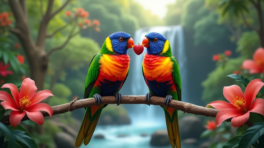  good quality, high quality, pair of lovebirds sharing a berry in a vibrant rainforest setting, with cascading waterfalls and colorful tropical flowers