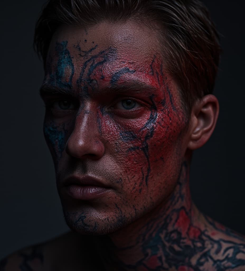  good quality, high quality, a surreal portrait of a man with a face covered in tattoos and a mystical spiral red galaxy eye demon mirrored, surrealist style, fantastical, magical, unexpected, super detail, dreamy lo fi photography, colorful, long exposure lighting, spotlight