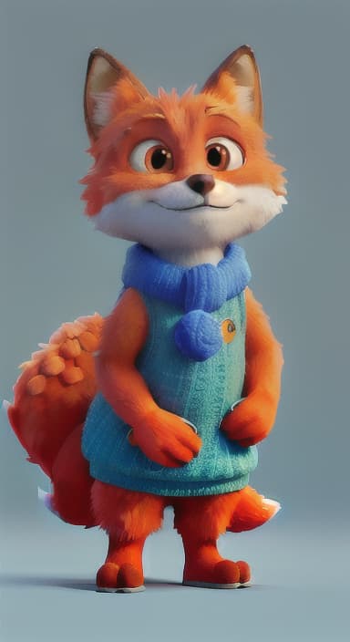  {Error the fox pressing the blue button with his paw, looking puzzled as nothing occurs., Error is a small, bright orange fox with a fluffy tail and big, inquisitive eyes. He has a mischievous yet kind expression and wears a tiny green scarf.