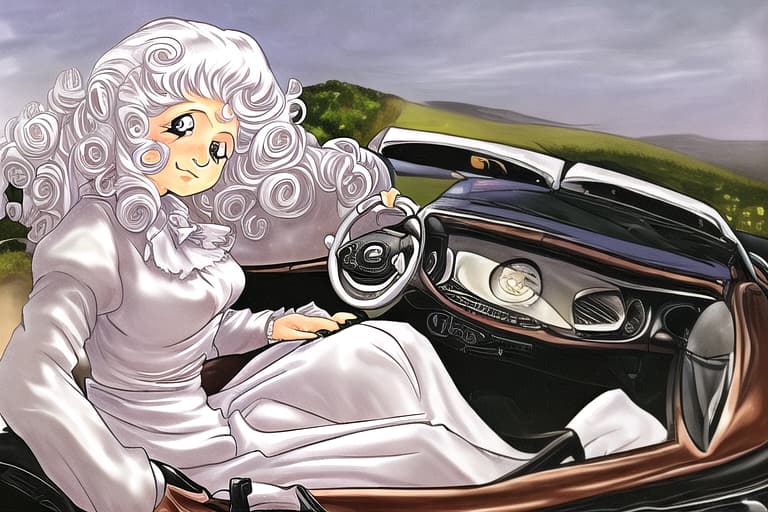  Little old lady with hair of white curls riding n a convertible car