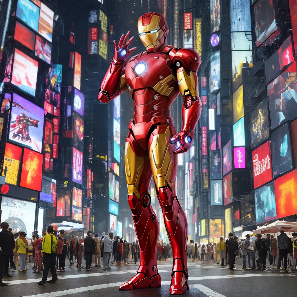  masterpiece, best quality, masterpiece, 8k resolution, realistic, highly detailed, Iron Man close-up. He stands on a street lined with tall buildings in a cyberpunk style city at night. The city's night lights are bright, and the surrounding buildings and streets are full of cyberpunk elements such as neon lights, high-tech equipment and futuristic architectural design.