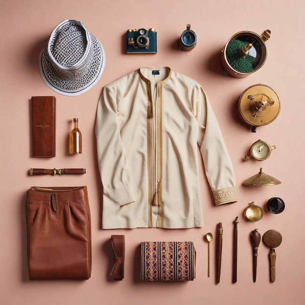  a flat lay photography of vintage omani outfit knolling :: Wes Anderson color palette, studio lighting, low contrast, 8k --ar 4:5 --q 2