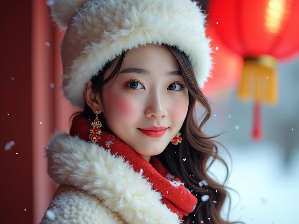  high definition, realistic portrait of a young woman with a soft and inviting expression. her eyes are large and full of light, highlighted with subtle makeup. her cheeks have a natural rosy flush, complementing her gentle smile. her hair, a cascade of wavy locks, is partially covered by a fluffy white hat, indicative of a chilly winter day. she wears elegant, traditional red earrings with intricate floral designs that dangle gracefully. the woman is dressed in a cozy, white winter garment that suggests warmth and comfort, with a hint of a red outfit underneath. snowflakes gently fall around her, adding to the serene winter atmosphere. red lanterns hang in the background, glowing softly amidst the snow, enhancing the festive mood. the overa hyperrealistic, full body, detailed clothing, highly detailed, cinematic lighting, stunningly beautiful, intricate, sharp focus, f/1. 8, 85mm, (centered image composition), (professionally color graded), ((bright soft diffused light)), volumetric fog, trending on instagram, trending on tumblr, HDR 4K, 8K