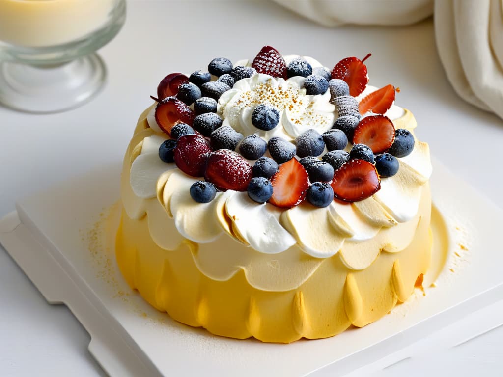  A minimalist, ultradetailed image of a perfectly baked Wattleseed Pavlova, showcasing a crispy meringue shell with a hint of golden brown, topped with a dollop of whipped cream, garnished with fresh berries, and sprinkled with crushed Wattleseed for a modern twist. The image captures the texture of the dessert, highlighting the contrast between the light, airy meringue and the rich, earthy tones of the Wattleseed. hyperrealistic, full body, detailed clothing, highly detailed, cinematic lighting, stunningly beautiful, intricate, sharp focus, f/1. 8, 85mm, (centered image composition), (professionally color graded), ((bright soft diffused light)), volumetric fog, trending on instagram, trending on tumblr, HDR 4K, 8K