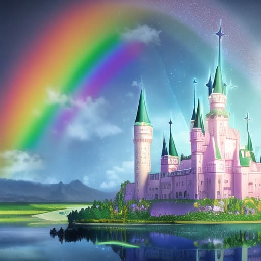  Close-up of a softly colored crystal rainbow riding academy in the form of a castle surrounded by a rainbow colored lake in a magical land inhabited by unicorns