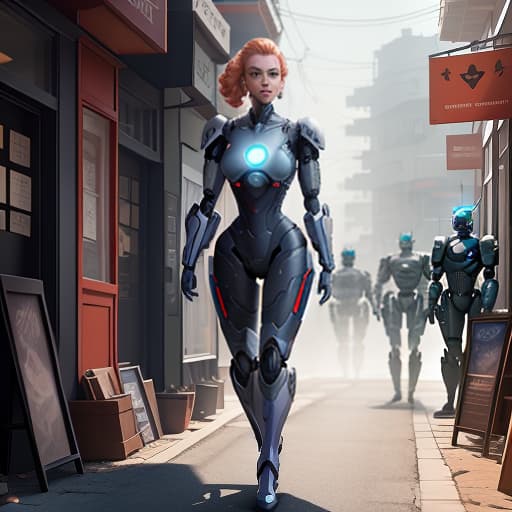  Humanoid robot shop. In a row, there are robots resembling Scarlett Johansson, Mrs. Hudson, and an Indian man with a forehead mark. Behind them, a large, bright sign reads Household . hyperrealistic, full body, detailed clothing, highly detailed, cinematic lighting, stunningly beautiful, intricate, sharp focus, f/1. 8, 85mm, (centered image composition), (professionally color graded), ((bright soft diffused light)), volumetric fog, trending on instagram, trending on tumblr, HDR 4K, 8K