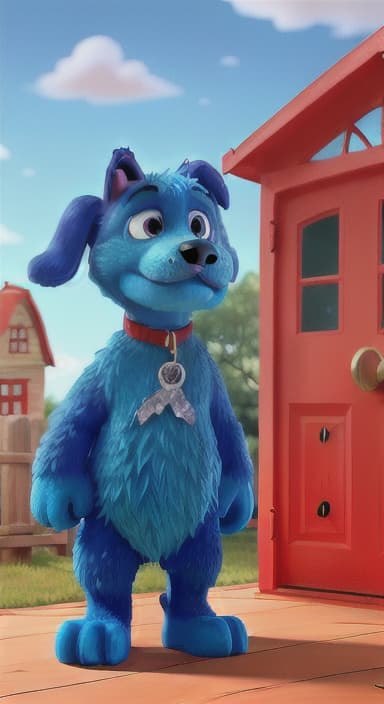  {Max the big blue dog standing in front of a cozy little house with a red door, The big blue dog is large with sky blue fur, big round eyes, a black nose, and floppy ears.