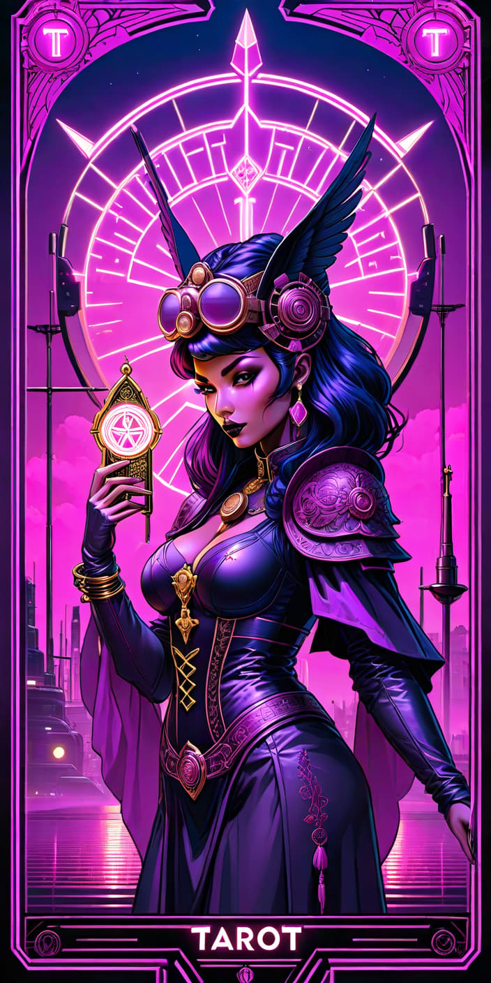  neonpunk style "Tarot Card The Acquisition" . cyberpunk, vaporwave, neon, vibes, vibrant, stunningly beautiful, crisp, detailed, sleek, ultramodern, magenta highlights, dark purple shadows, high contrast, cinematic, ultra detailed, intricate, professional hyperrealistic, full body, detailed clothing, highly detailed, cinematic lighting, stunningly beautiful, intricate, sharp focus, f/1. 8, 85mm, (centered image composition), (professionally color graded), ((bright soft diffused light)), volumetric fog, trending on instagram, trending on tumblr, HDR 4K, 8K