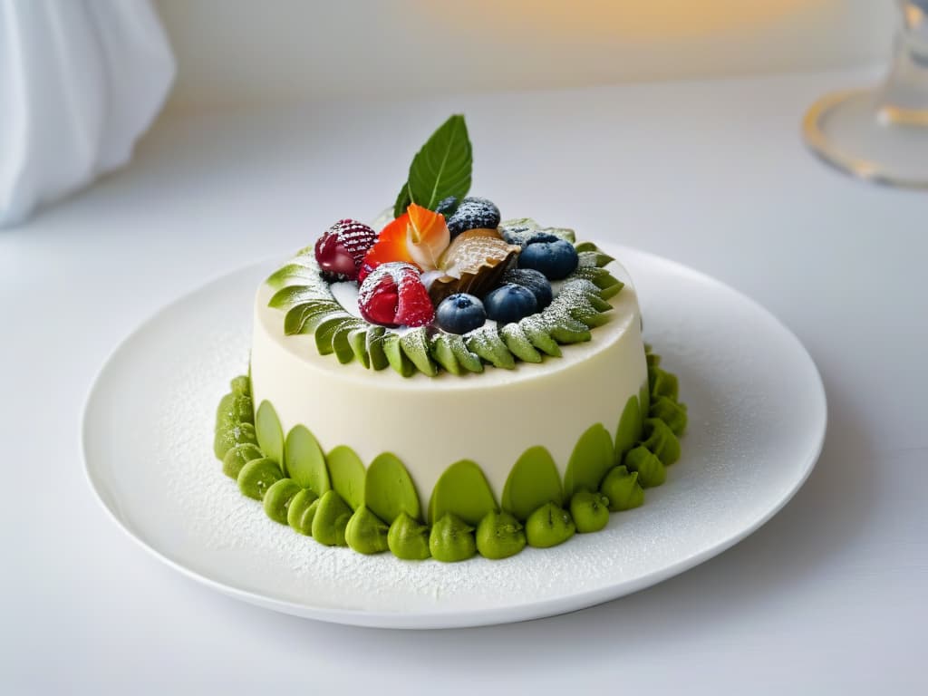  A highresolution closeup image of a delicate, avantgarde dessert masterpiece displayed on a sleek, minimalist plate. The dessert features intricate layers of vibrant colors and textures, showcasing the innovative and creative techniques used in modern pastry art. The focus is on the exquisite details and artistic presentation, highlighting the precision and skill of the pastry chef. hyperrealistic, full body, detailed clothing, highly detailed, cinematic lighting, stunningly beautiful, intricate, sharp focus, f/1. 8, 85mm, (centered image composition), (professionally color graded), ((bright soft diffused light)), volumetric fog, trending on instagram, trending on tumblr, HDR 4K, 8K