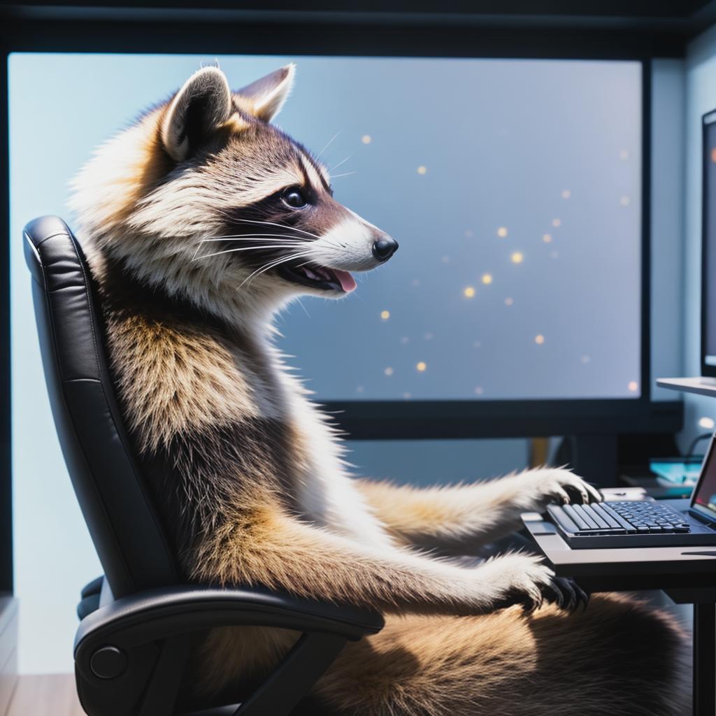  raccoon sitting in gaming chair front a computer on desktop, ((semi anthropomorphic)),(full body), tail, belly, sitting, fat, (chubby), (((white background))), solo, desktop, gaming chair, side view,  [[[clothes]]] hyperrealistic, full body, detailed clothing, highly detailed, cinematic lighting, stunningly beautiful, intricate, sharp focus, f/1. 8, 85mm, (centered image composition), (professionally color graded), ((bright soft diffused light)), volumetric fog, trending on instagram, trending on tumblr, HDR 4K, 8K