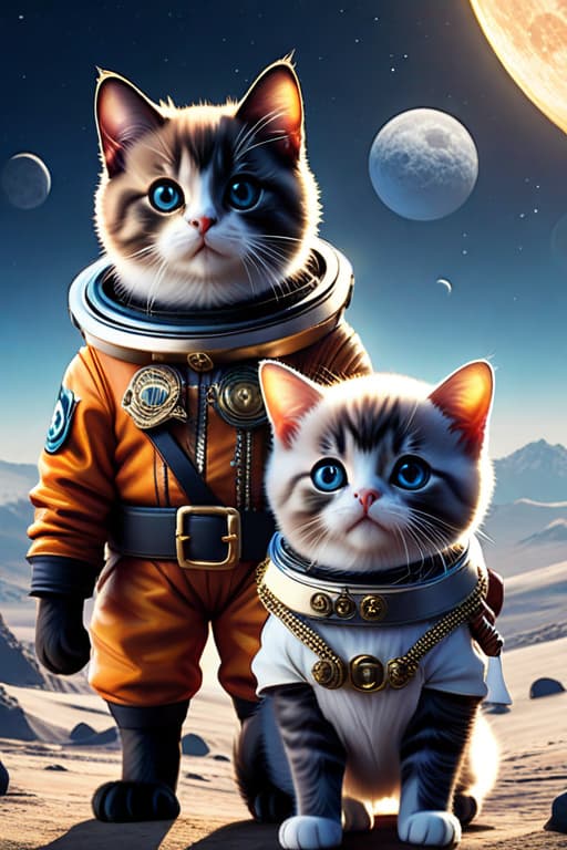  cartoon painting of three puppies pirate cats with hats , in space suits on the Moon , high detailed , 8K hyperrealistic, full body, detailed clothing, highly detailed, cinematic lighting, stunningly beautiful, intricate, sharp focus, f/1. 8, 85mm, (centered image composition), (professionally color graded), ((bright soft diffused light)), volumetric fog, trending on instagram, trending on tumblr, HDR 4K, 8K