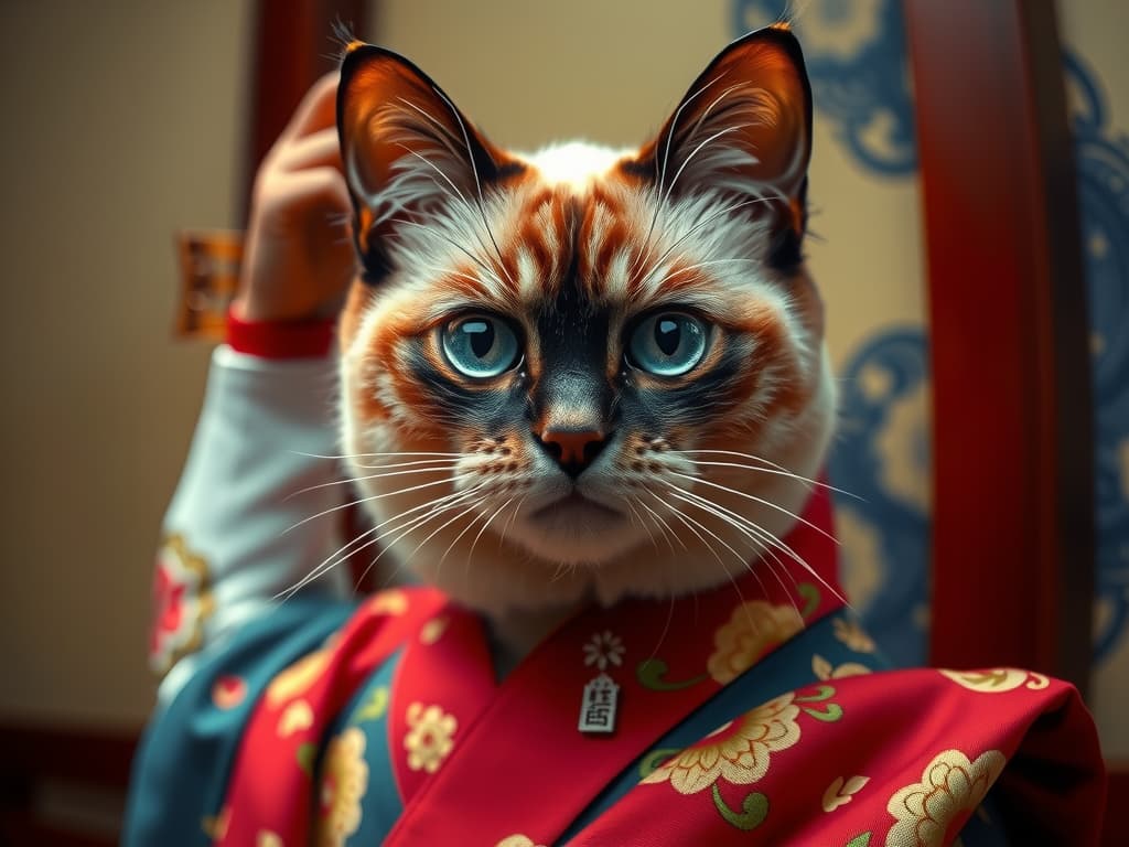  crie uma imagem de um gato persa vestido com um kimono elegante. o kimono deve ser detalhado, com padrões tradicionais e cores vibrantes, como vermelho, dourado e azul, refletindo o estilo clássico ..... hyperrealistic, full body, detailed clothing, highly detailed, cinematic lighting, stunningly beautiful, intricate, sharp focus, f/1. 8, 85mm, (centered image composition), (professionally color graded), ((bright soft diffused light)), volumetric fog, trending on instagram, trending on tumblr, HDR 4K, 8K