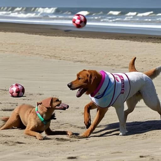  dos cachorros de perro de raza san bernando jugando en la playa con un balón de fútbol,mientra una chica corre detrás de ellos con un collar de perro. Imagen graciosa.