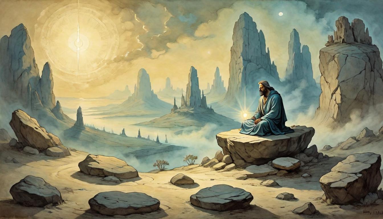  on parchment, surrealism+++, Meditative figure surrounded by a glow of inner light, sitting in a quiet, introspective pose atop an ancient rock, juxtaposition of serene introspection against a dramatic landscape, inner growth, inner peace(mysterious, provocative, symbolic,muted color)+++