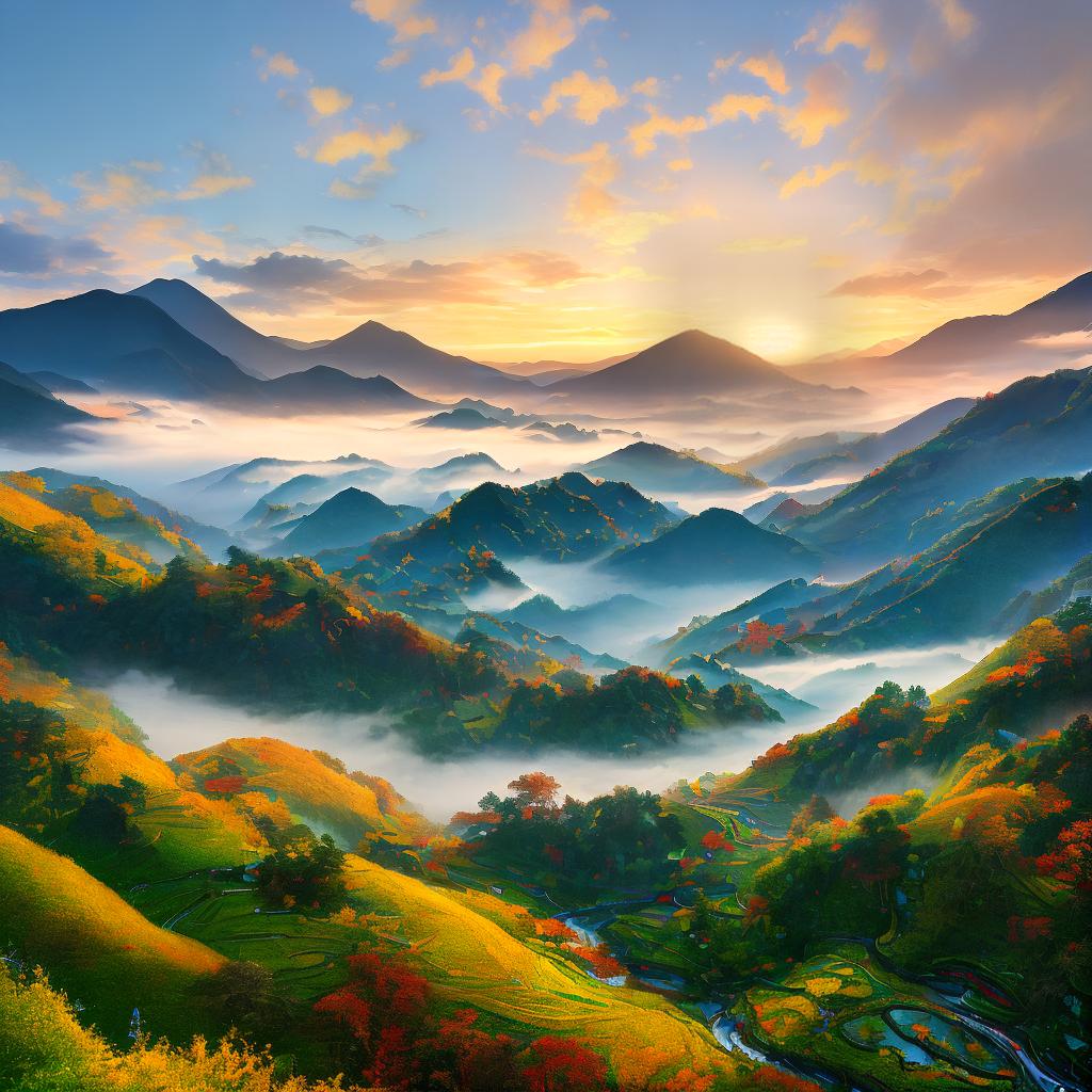  ((masterpiece)),(((best quality))), 8k, high detailed, ultra-detailed. A beautiful sunrise impression of Alishan. A mesmerizing landscape with rolling hills, (mist-covered trees), colorful skies, (sun rays piercing through the clouds), and a tranquil lake reflecting the vibrant colors. The scene captures the breathtaking beauty and serenity of the Alishan mountain range in Taiwan. The artwork is reminiscent of traditional Chinese landscape paintings, with a modern twist. The artist skillfully blends realism and impressionism to create a visually stunning masterpiece. The level of detail in this artwork is unparalleled, showcasing every intricate texture and brushstroke. The vibrant colors and lighting evoke a sense of tranquility and awe. T hyperrealistic, full body, detailed clothing, highly detailed, cinematic lighting, stunningly beautiful, intricate, sharp focus, f/1. 8, 85mm, (centered image composition), (professionally color graded), ((bright soft diffused light)), volumetric fog, trending on instagram, trending on tumblr, HDR 4K, 8K