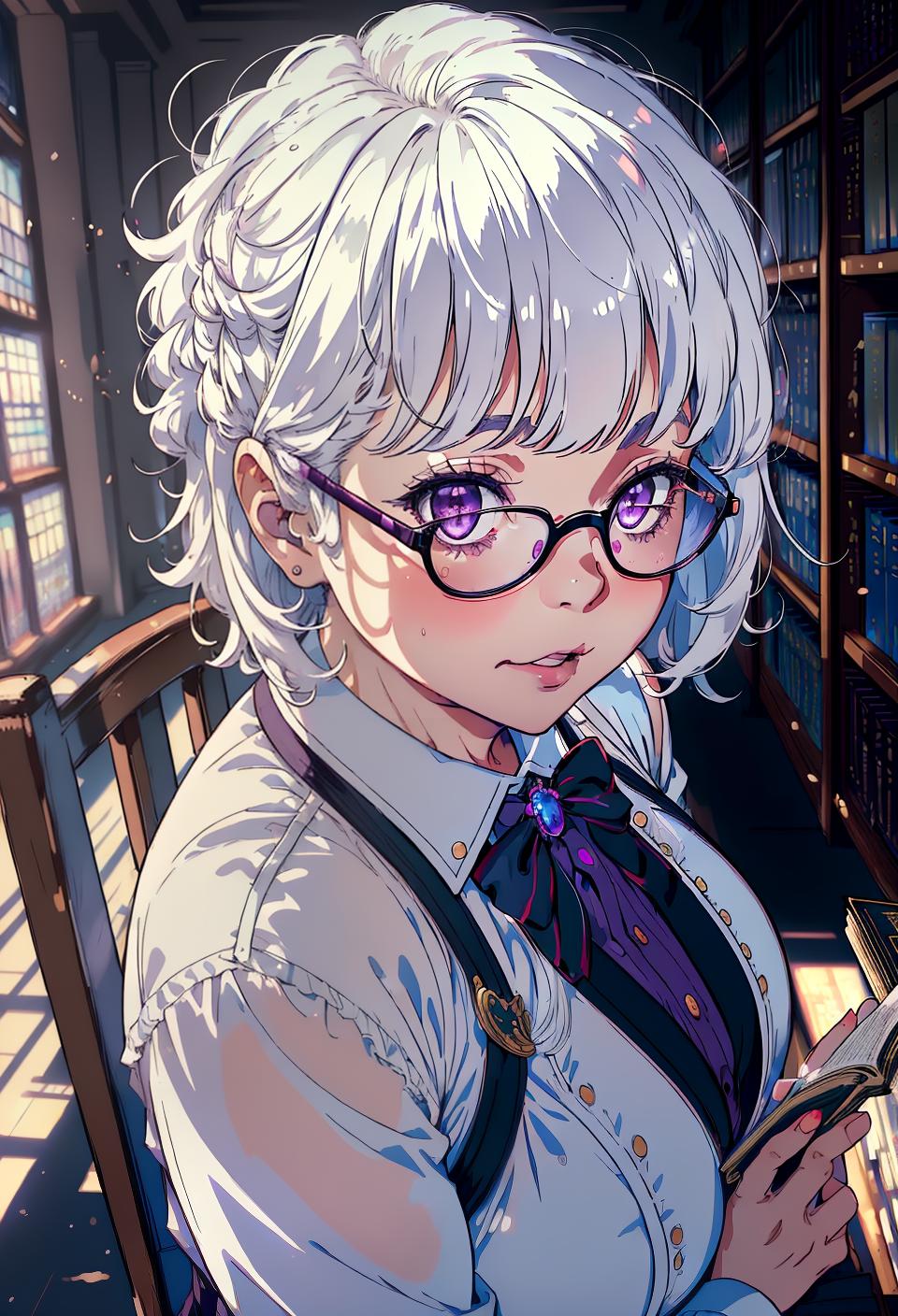  ((trending, highres, masterpiece, cinematic shot)), 1girl, mature, chubby, female formal wear, large, library scene, short messy white hair, bangs covering eyes,  purple eyes, doting personality, smug expression, tanned skin, orderly, lucky
