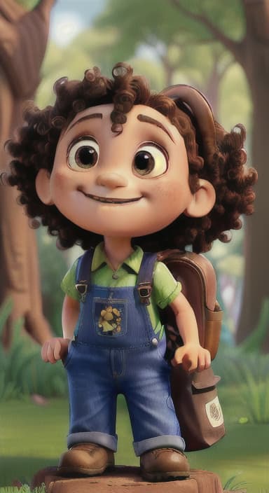  {The tree with a smiling face formed by its bark, looking down at Riley., Riley, a curious with big brown eyes and curly hair, wearing overalls and carrying a small backpack. Their friend, Skye, a bluebird with shiny feathers.