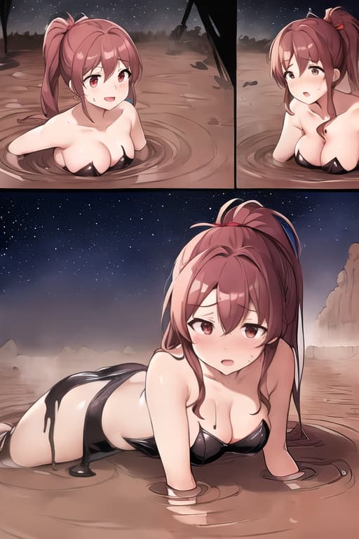  a woman in a strapless red dress, short brown ponytail, leaning back on a wall and looking off to the side and upward to the air, with a beautiful night sky and city background. the dress is (((very tight and showing some areola))), suddenly, she is (((sinking deeply in mud))), (((struggling to escape))), ((((face deep)))), (((trying vigorously to stay above the mud))), (((comic page 5 panels))),