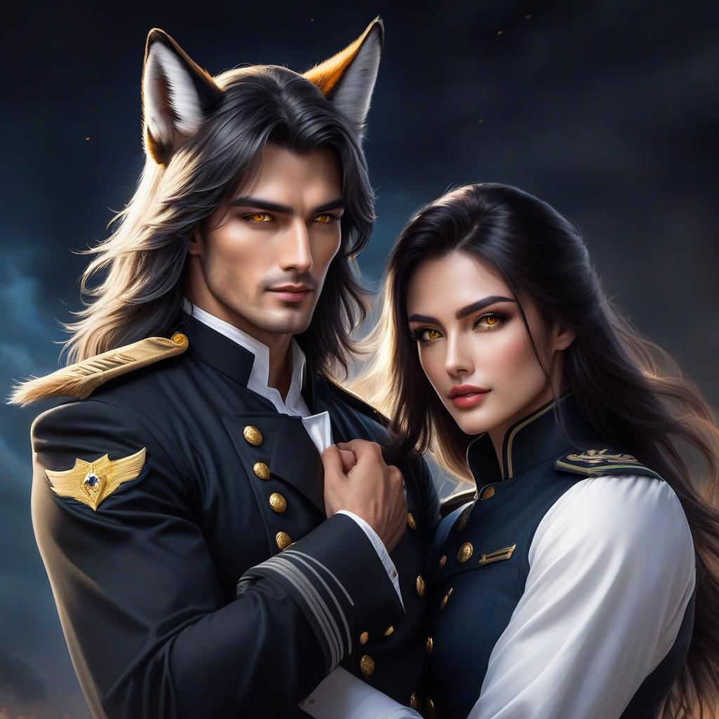  Realistically, a handsome man a , The man has fox ears, long hair, the man has yellow eyes, dressed in a white shirt and pants, hugging a young in a black military uniform, the has dark hair, gray eyes, clear focus, sharp eyes, well drawn details, bright green eyes, beautiful portrait ilration, portrait in the fantasy style, blue and white sparks, bright colors, bright eyes, fantastic art, intricate design, highly detailed, clear focus, 8k, high resolution, elegant. hyperrealistic, full body, detailed clothing, highly detailed, cinematic lighting, stunningly beautiful, intricate, sharp focus, f/1. 8, 85mm, (centered image composition), (professionally color graded), ((bright soft diffused light)), volumetric fog, trending on instagram, trending on tumblr, HDR 4K, 8K