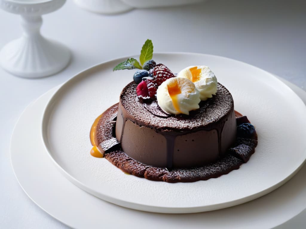  An ultradetailed, 8k resolution image of a decadent chocolate lava cake served on a sleek, modern white plate. The cake is perfectly moist with a gooey, molten center oozing out, contrasted with a dollop of vanilla bean ice cream melting on top, creating a visually striking contrast of textures. The minimalist presentation highlights the richness of the dessert, with subtle shadows adding depth and sophistication to the composition. hyperrealistic, full body, detailed clothing, highly detailed, cinematic lighting, stunningly beautiful, intricate, sharp focus, f/1. 8, 85mm, (centered image composition), (professionally color graded), ((bright soft diffused light)), volumetric fog, trending on instagram, trending on tumblr, HDR 4K, 8K