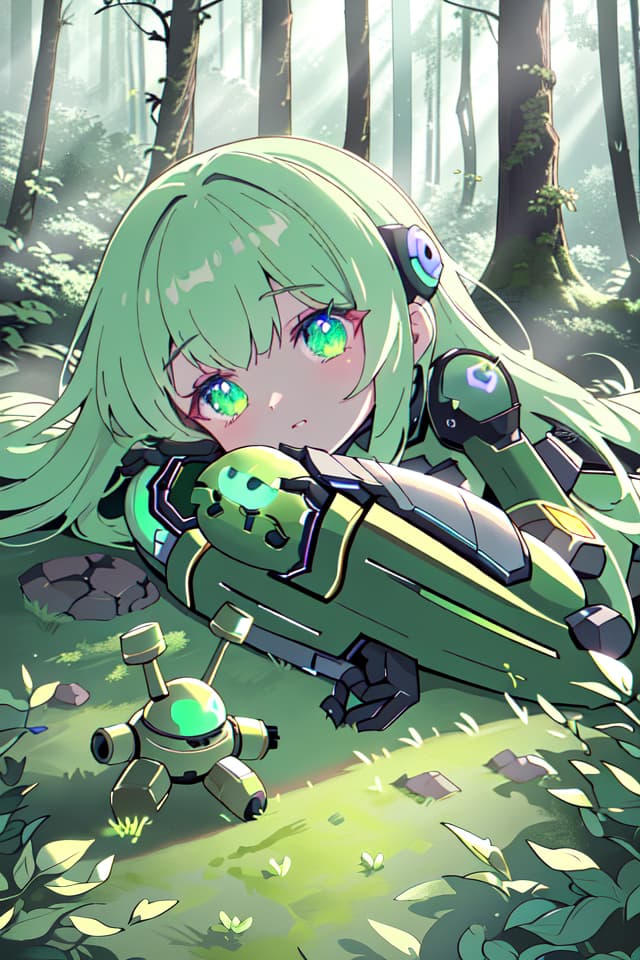  ((Mossy robot, broken robot girl lying in the forest, Half Closed Narrow Eyes)), sprout, Green Hair 1 Girl, (Absurdress, masterpiece, ultimate quality), official art, aesthetic, (diffusion lighting, environment) Lighting), detailed skin texture, best shadow, very detail, colorful, 8k Wallpaper, Raw Photoristic Detailed, Dutch Angle, 💩, 💩, 💩, hyperrealistic, full body, detailed clothing, highly detailed, cinematic lighting, stunningly beautiful, intricate, sharp focus, f/1. 8, 85mm, (centered image composition), (professionally color graded), ((bright soft diffused light)), volumetric fog, trending on instagram, trending on tumblr, HDR 4K, 8K