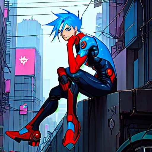  A boy with super power Blue hairs and eyes, Red super powers, cyberpunk city, Sitting on a bike