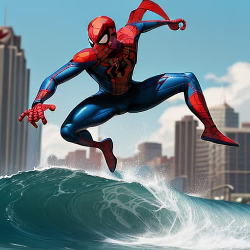  A stylized photo of a well-known comic book superhero, such as Spider-Man, surfing on a giant taco while eating a hotdog and drinking a Pepsi