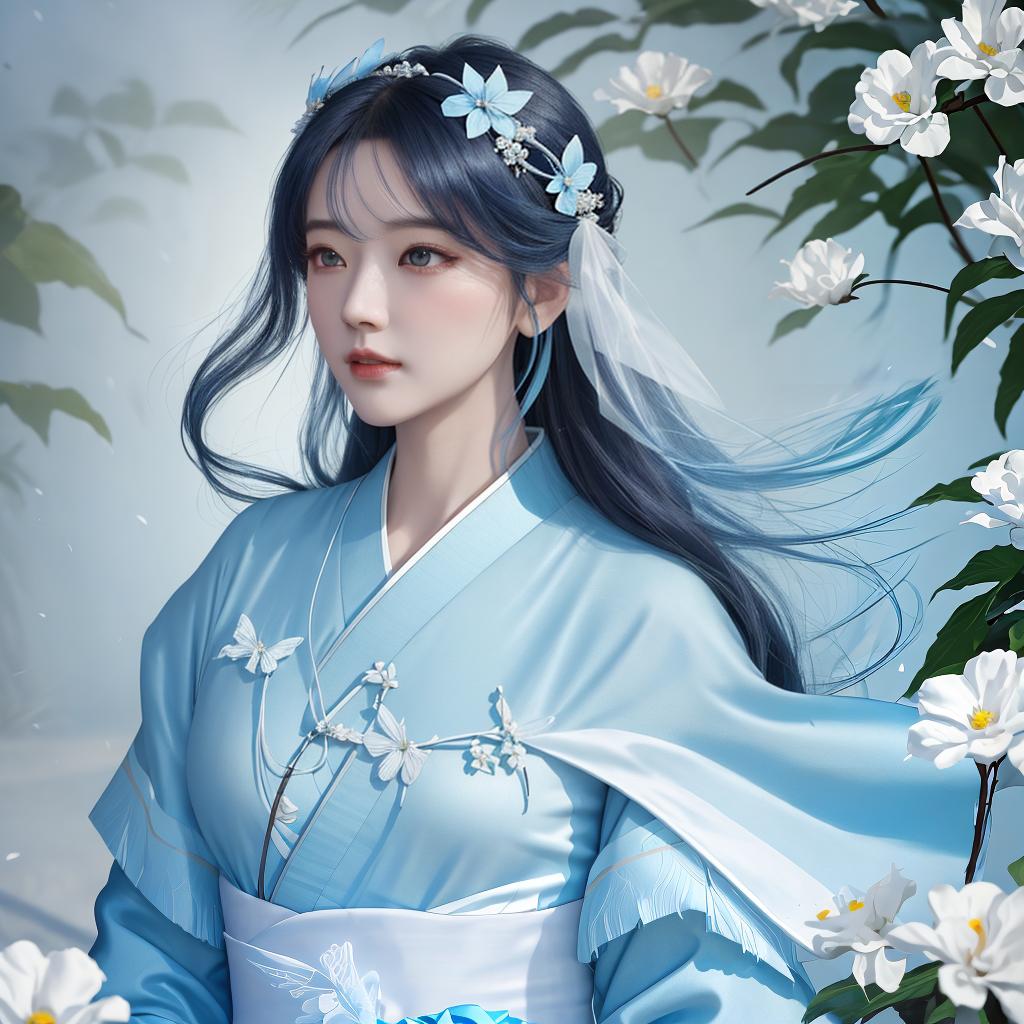  masterpiece, best quality, (Fidelity: 1.4), Best Quality, Masterpiece, Ultra High Resolution, Poster, Fantasy Art, Very Detailed Faces, 8k resolution, Chinese Style, An woman, Side Face, Quiet, Light Blue Hanfu, Tulle Coat, Long Black Hair, Light Blue Fringed Hair Ornament, Hairpin, White Ribbon, White Flower Bush, Light Blue Butterfly Flying, cinematic lighting effects